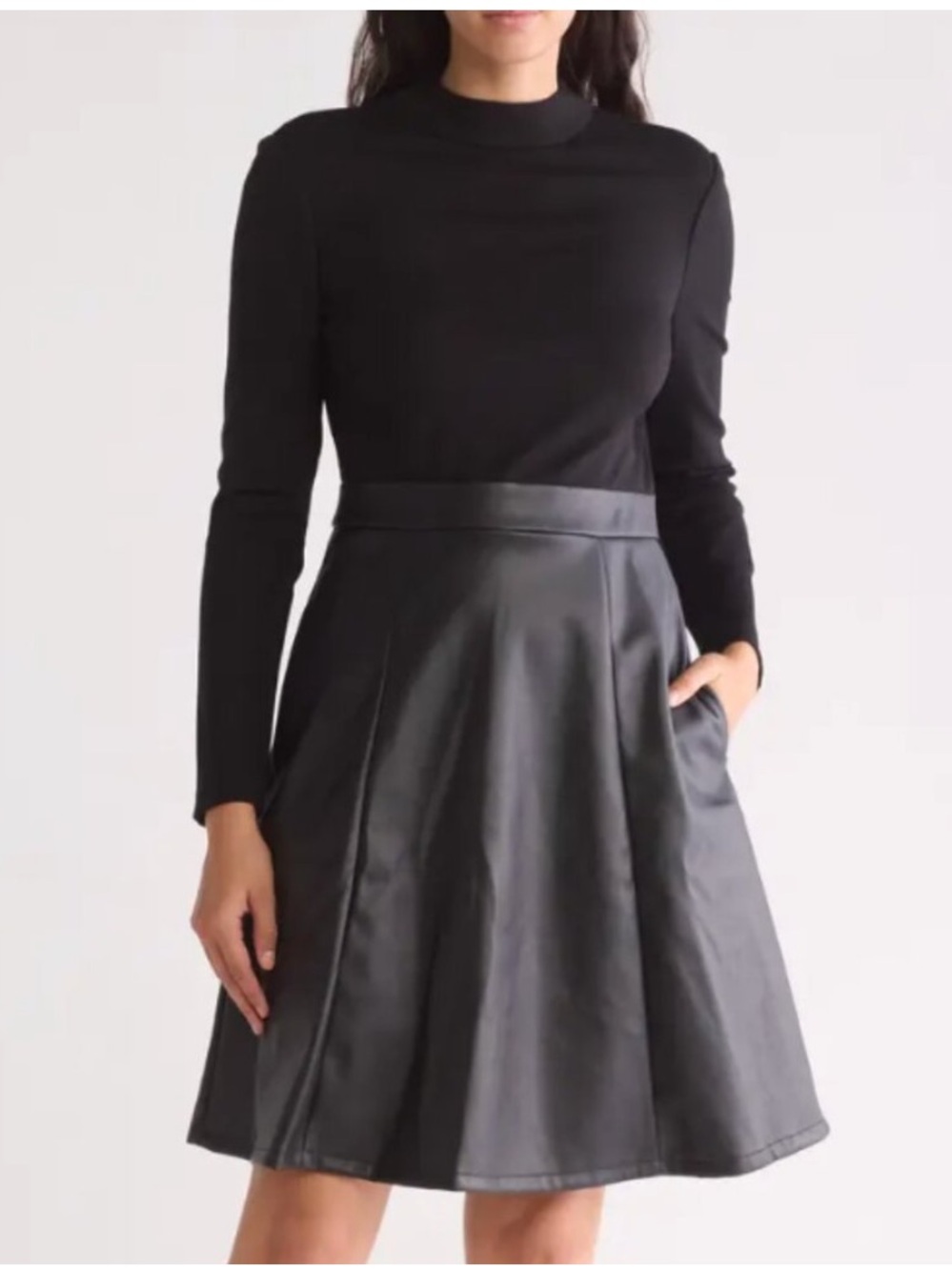 Eliza J Mix Media Faux Leather Mock Neck Long Sleeve Fit & Flare Dress 16 Black